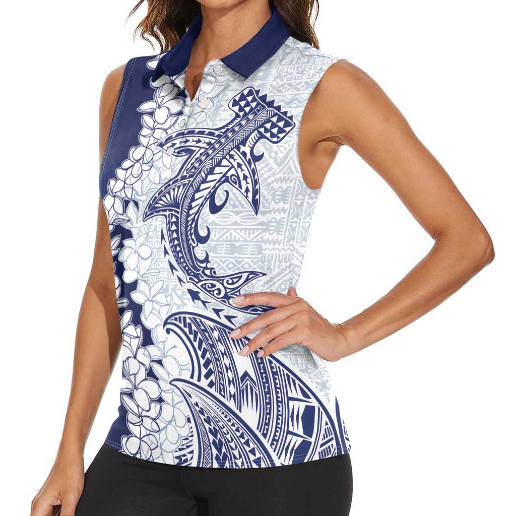 Polynesian Navy Blue Plumeria Lei Women Sleeveless Polo Shirt with Hammerhead Shark LT7 - Polynesian Pride