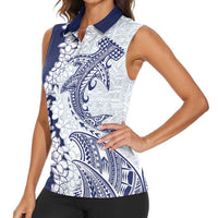 Polynesian Navy Blue Plumeria Lei Women Sleeveless Polo Shirt with Hammerhead Shark LT7 - Polynesian Pride