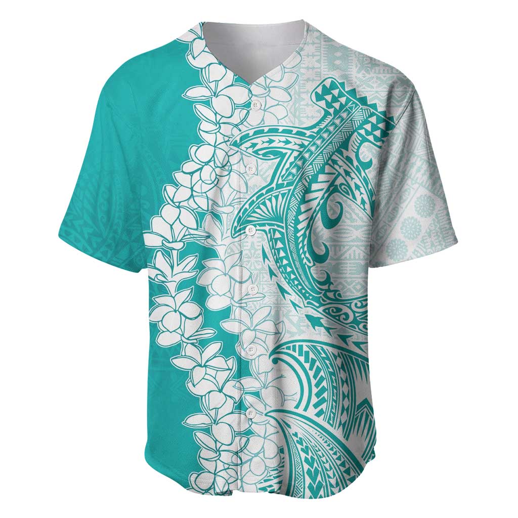 Polynesian Teal Plumeria Lei Baseball Jersey with Hammerhead Shark LT7 Teal - Polynesian Pride