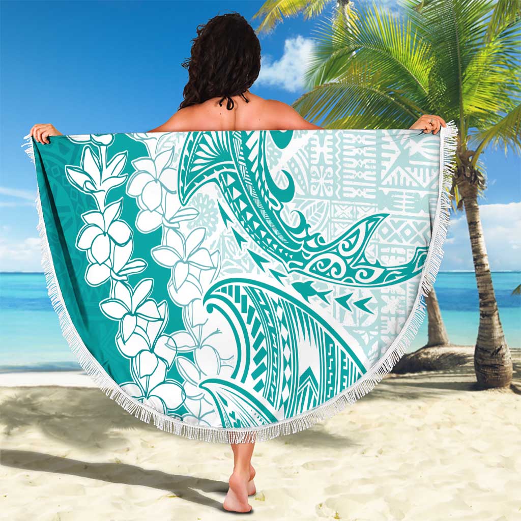Polynesian Teal Plumeria Lei Beach Blanket with Hammerhead Shark