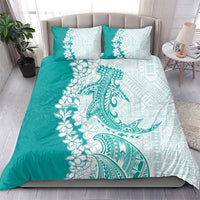 Polynesian Teal Plumeria Lei Bedding Set with Hammerhead Shark