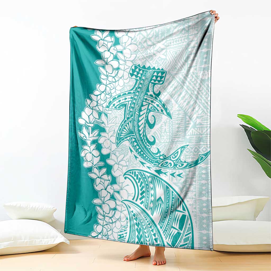 Polynesian Teal Plumeria Lei Blanket with Hammerhead Shark
