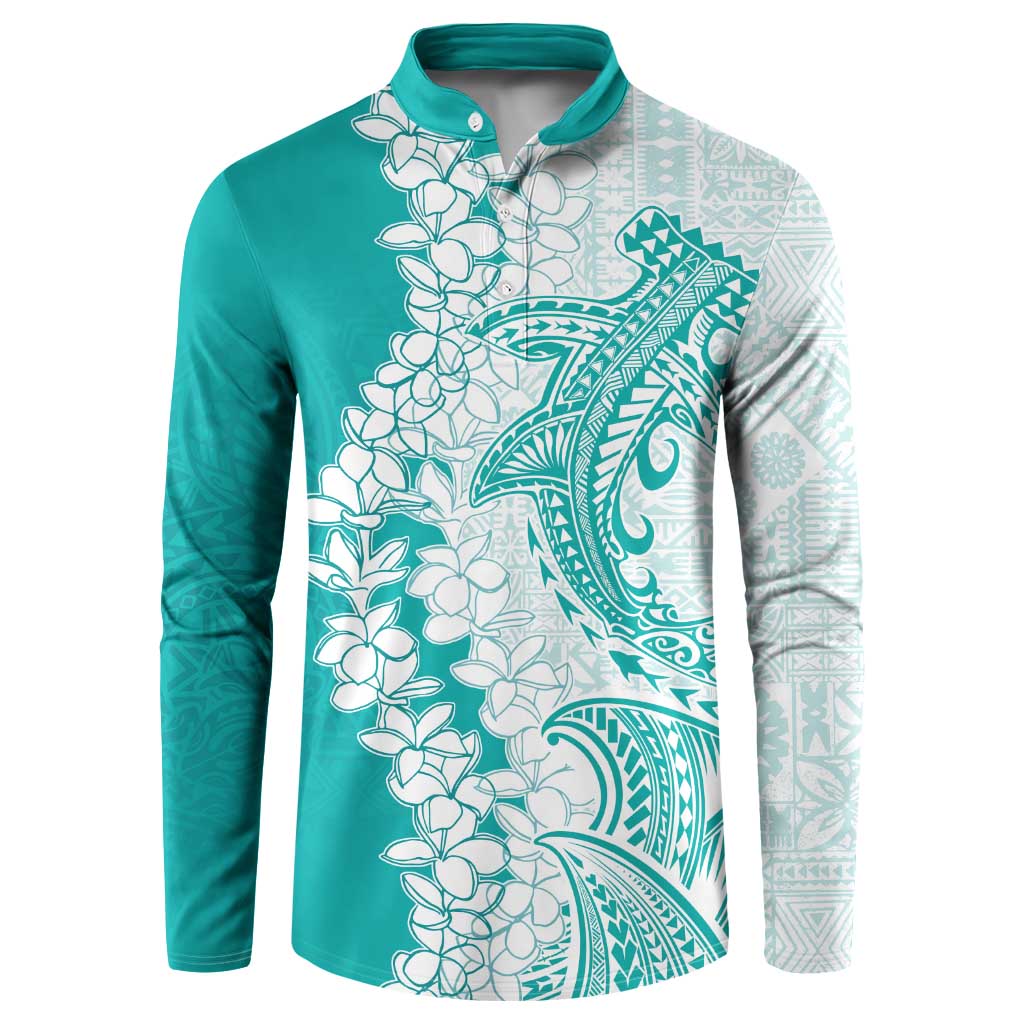 Polynesian Teal Plumeria Lei Button Sweatshirt with Hammerhead Shark