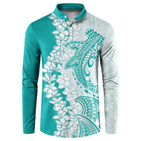 Polynesian Teal Plumeria Lei Button Sweatshirt with Hammerhead Shark