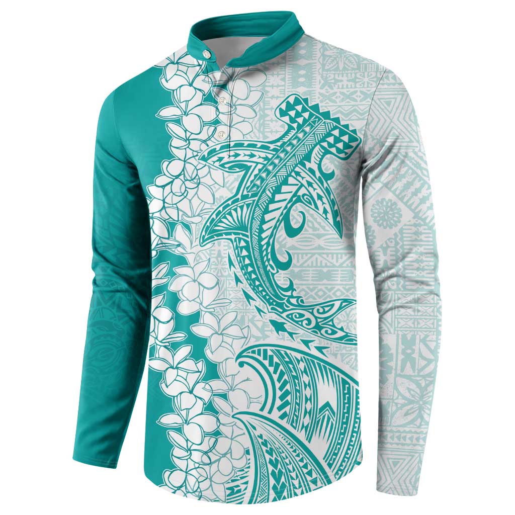 Polynesian Teal Plumeria Lei Button Sweatshirt with Hammerhead Shark