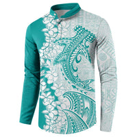 Polynesian Teal Plumeria Lei Button Sweatshirt with Hammerhead Shark