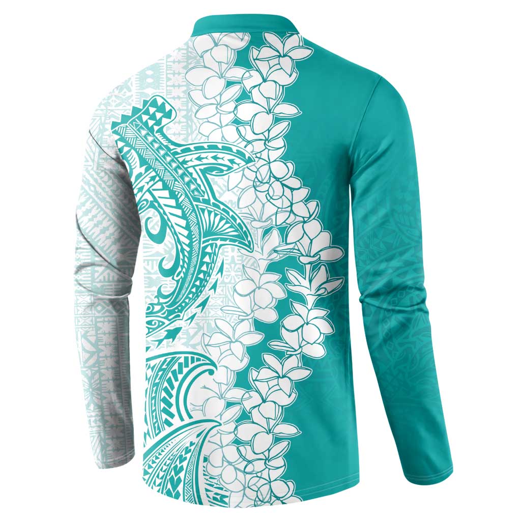 Polynesian Teal Plumeria Lei Button Sweatshirt with Hammerhead Shark