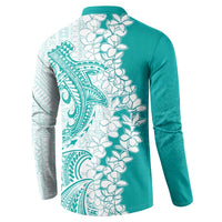 Polynesian Teal Plumeria Lei Button Sweatshirt with Hammerhead Shark