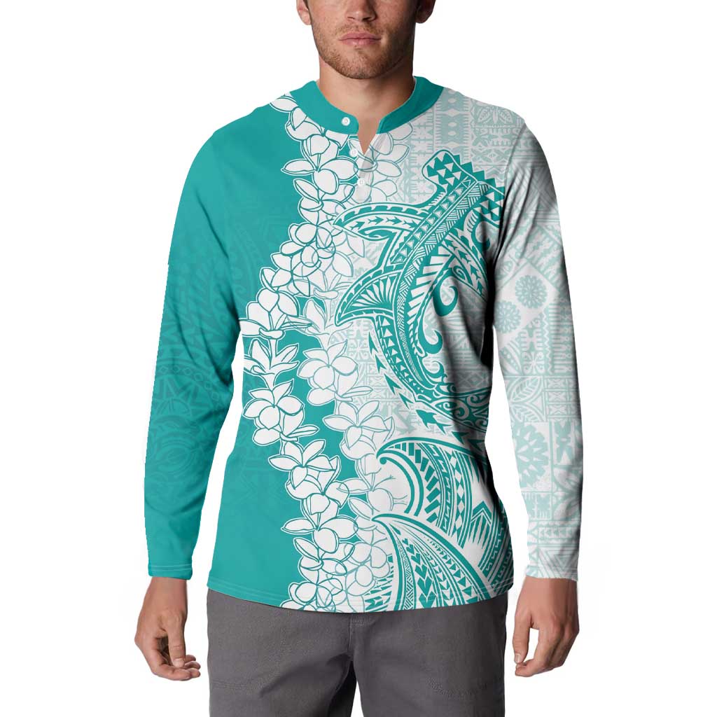 Polynesian Teal Plumeria Lei Button Sweatshirt with Hammerhead Shark