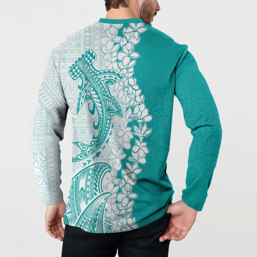 Polynesian Teal Plumeria Lei Button Sweatshirt with Hammerhead Shark