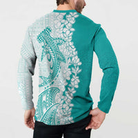 Polynesian Teal Plumeria Lei Button Sweatshirt with Hammerhead Shark