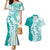 Polynesian Teal Plumeria Lei Couples Matching Mermaid Dress and Hawaiian Shirt with Hammerhead Shark