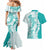 Polynesian Teal Plumeria Lei Couples Matching Mermaid Dress and Hawaiian Shirt with Hammerhead Shark