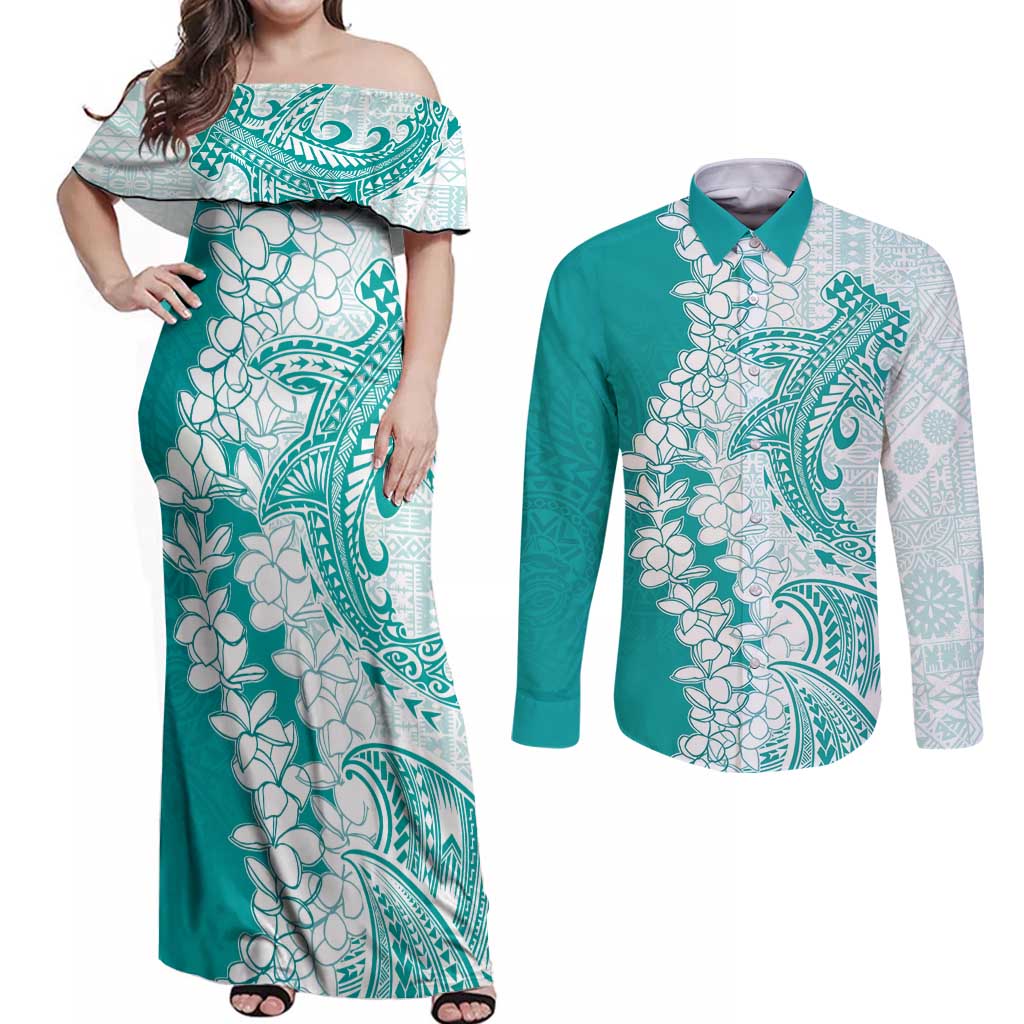 Polynesian Teal Plumeria Lei Couples Matching Off Shoulder Maxi Dress and Long Sleeve Button Shirt with Hammerhead Shark