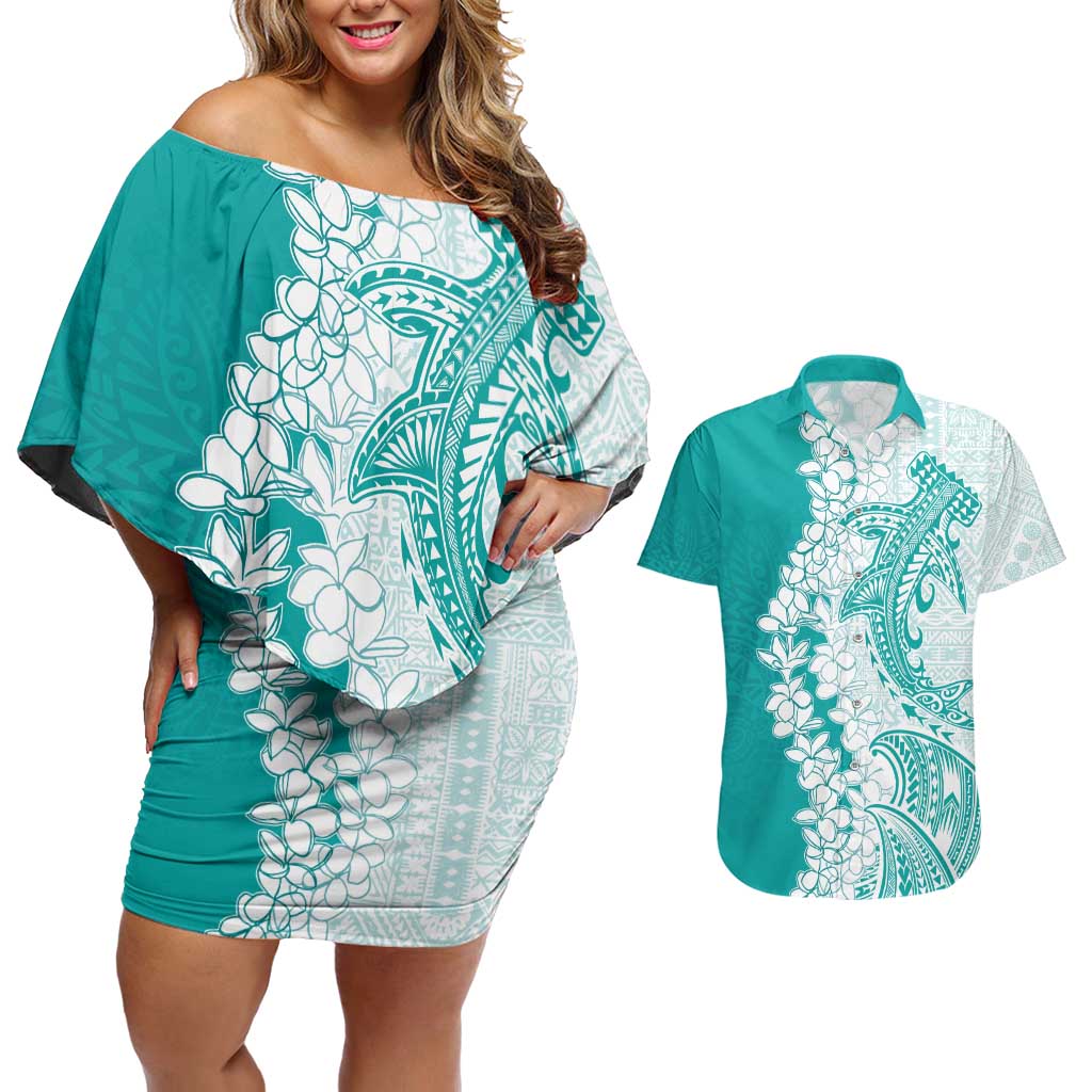 Polynesian Teal Plumeria Lei Couples Matching Off Shoulder Short Dress and Hawaiian Shirt with Hammerhead Shark