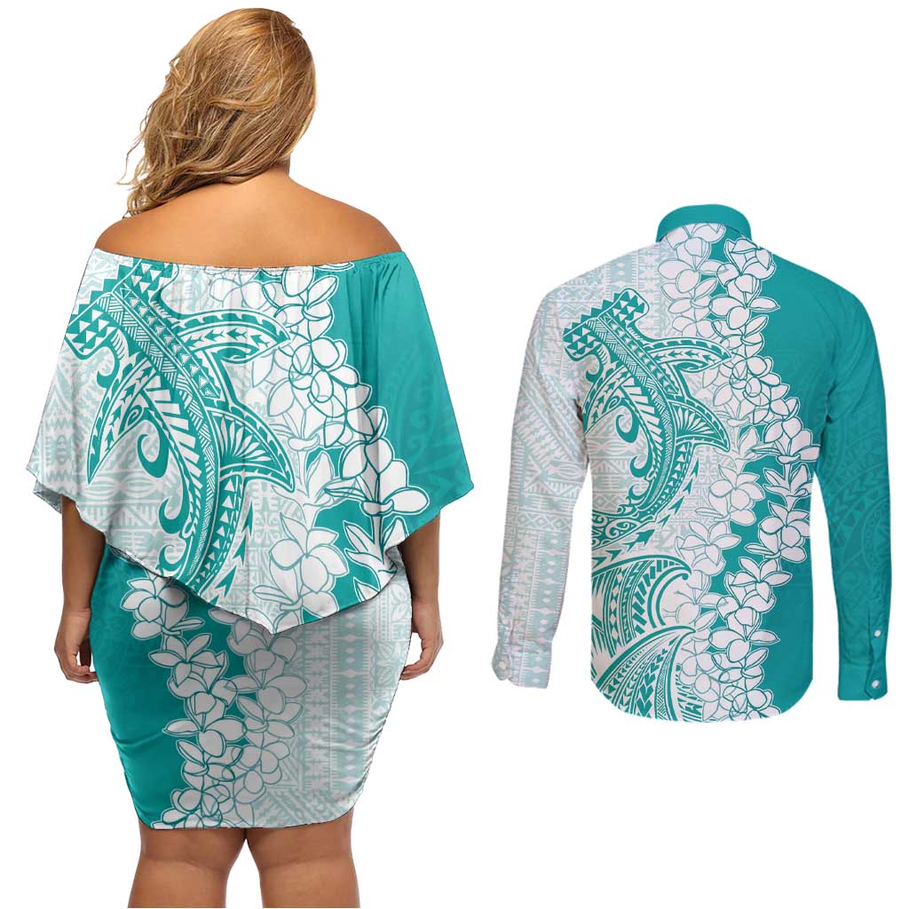 Polynesian Teal Plumeria Lei Couples Matching Off Shoulder Short Dress and Long Sleeve Button Shirt with Hammerhead Shark