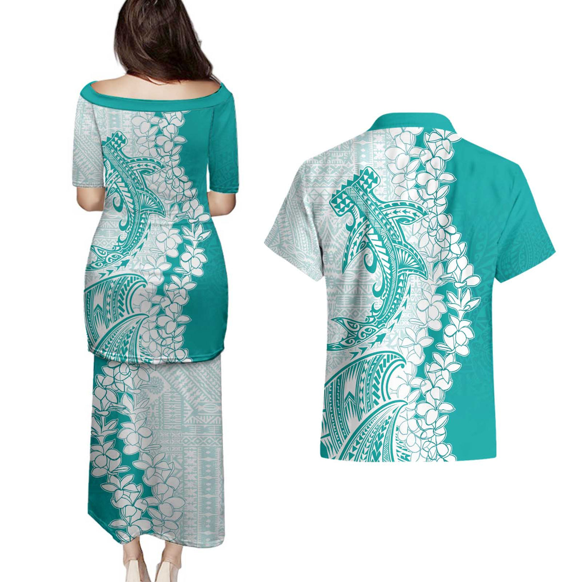 Polynesian Teal Plumeria Lei Couples Matching Puletasi and Hawaiian Shirt with Hammerhead Shark