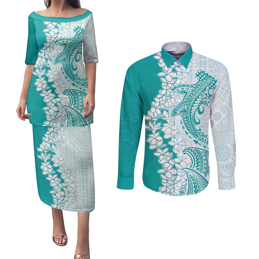 Polynesian Teal Plumeria Lei Couples Matching Puletasi and Long Sleeve Button Shirt with Hammerhead Shark