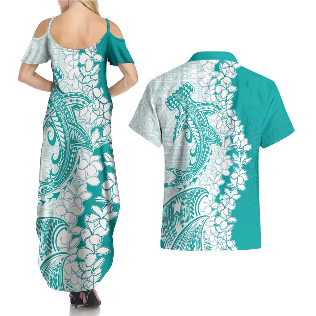 Polynesian Teal Plumeria Lei Couples Matching Summer Maxi Dress and Hawaiian Shirt with Hammerhead Shark