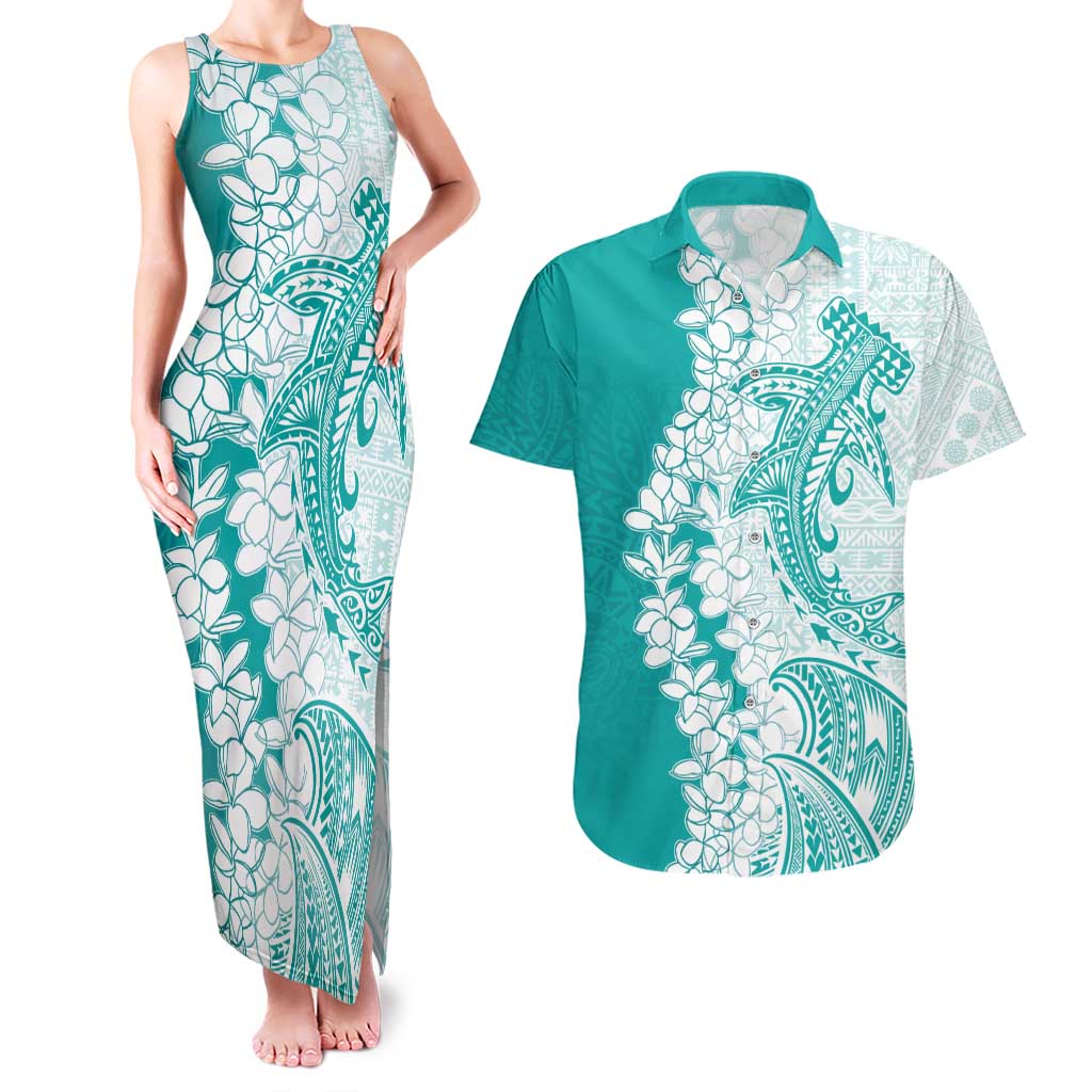 Polynesian Teal Plumeria Lei Couples Matching Tank Maxi Dress and Hawaiian Shirt with Hammerhead Shark