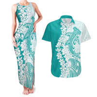 Polynesian Teal Plumeria Lei Couples Matching Tank Maxi Dress and Hawaiian Shirt with Hammerhead Shark