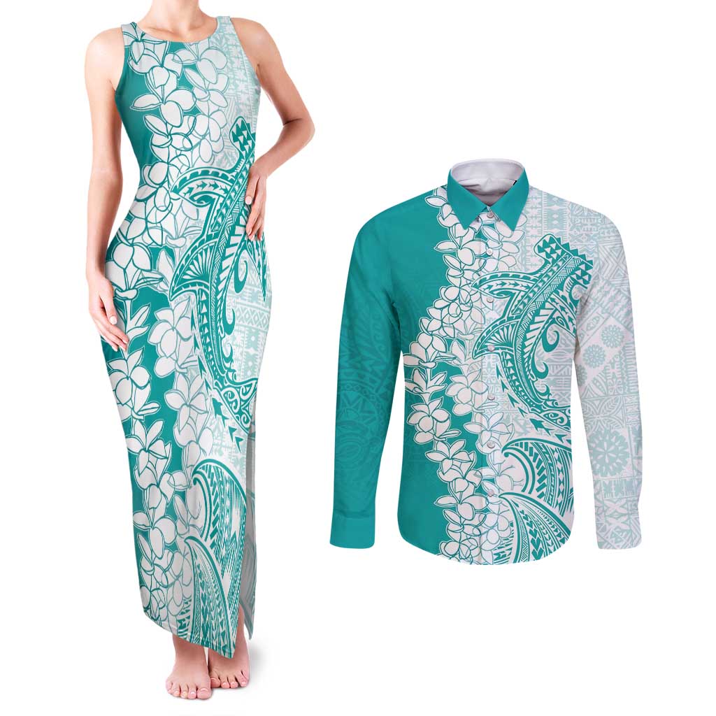 Polynesian Teal Plumeria Lei Couples Matching Tank Maxi Dress and Long Sleeve Button Shirt with Hammerhead Shark