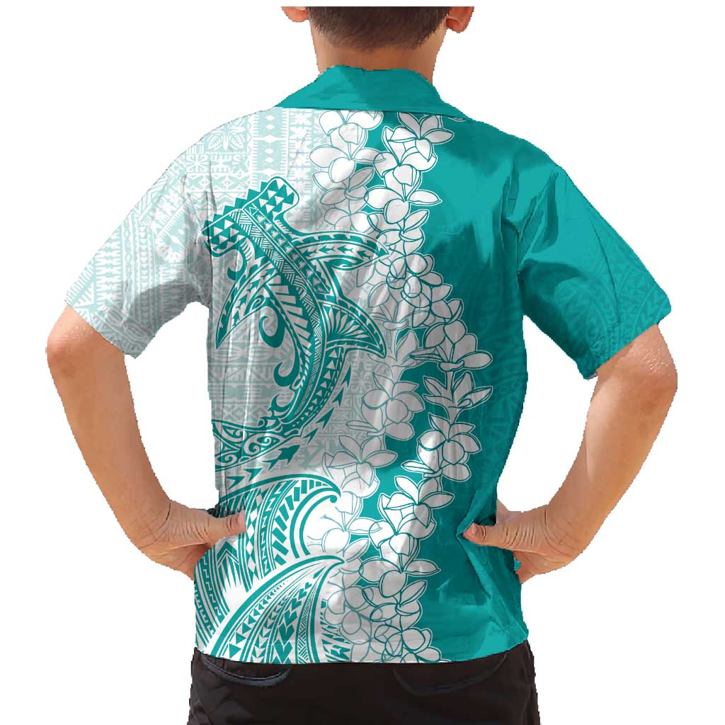 Polynesian Teal Plumeria Lei Family Matching Mermaid Dress and Hawaiian Shirt with Hammerhead Shark