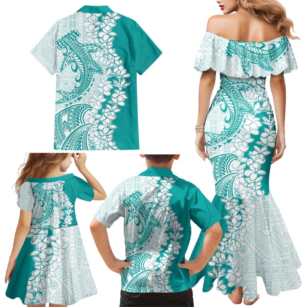 Polynesian Teal Plumeria Lei Family Matching Mermaid Dress and Hawaiian Shirt with Hammerhead Shark