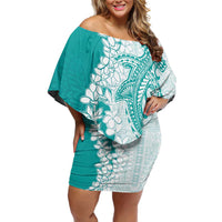 Polynesian Teal Plumeria Lei Family Matching Off Shoulder Short Dress and Hawaiian Shirt with Hammerhead Shark