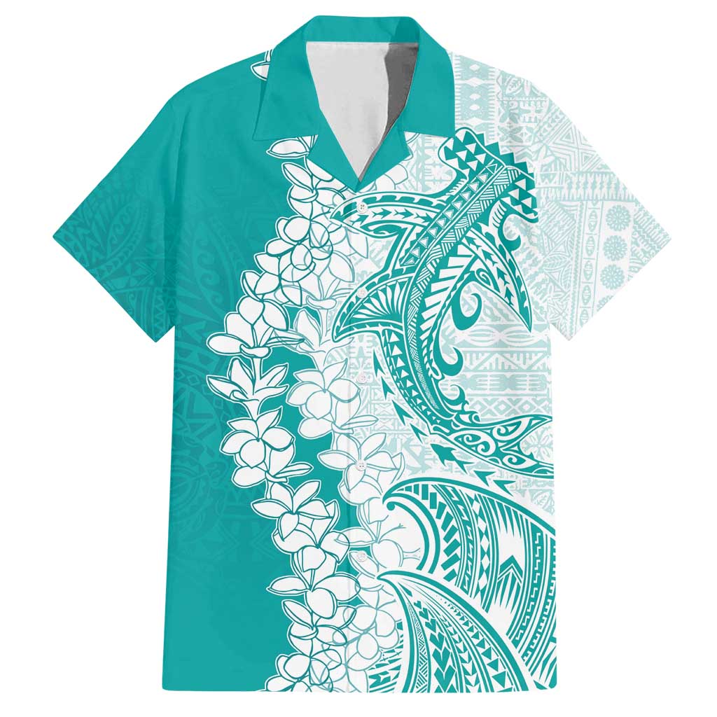 Polynesian Teal Plumeria Lei Family Matching Tank Maxi Dress and Hawaiian Shirt with Hammerhead Shark