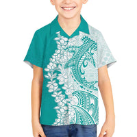 Polynesian Teal Plumeria Lei Family Matching Tank Maxi Dress and Hawaiian Shirt with Hammerhead Shark