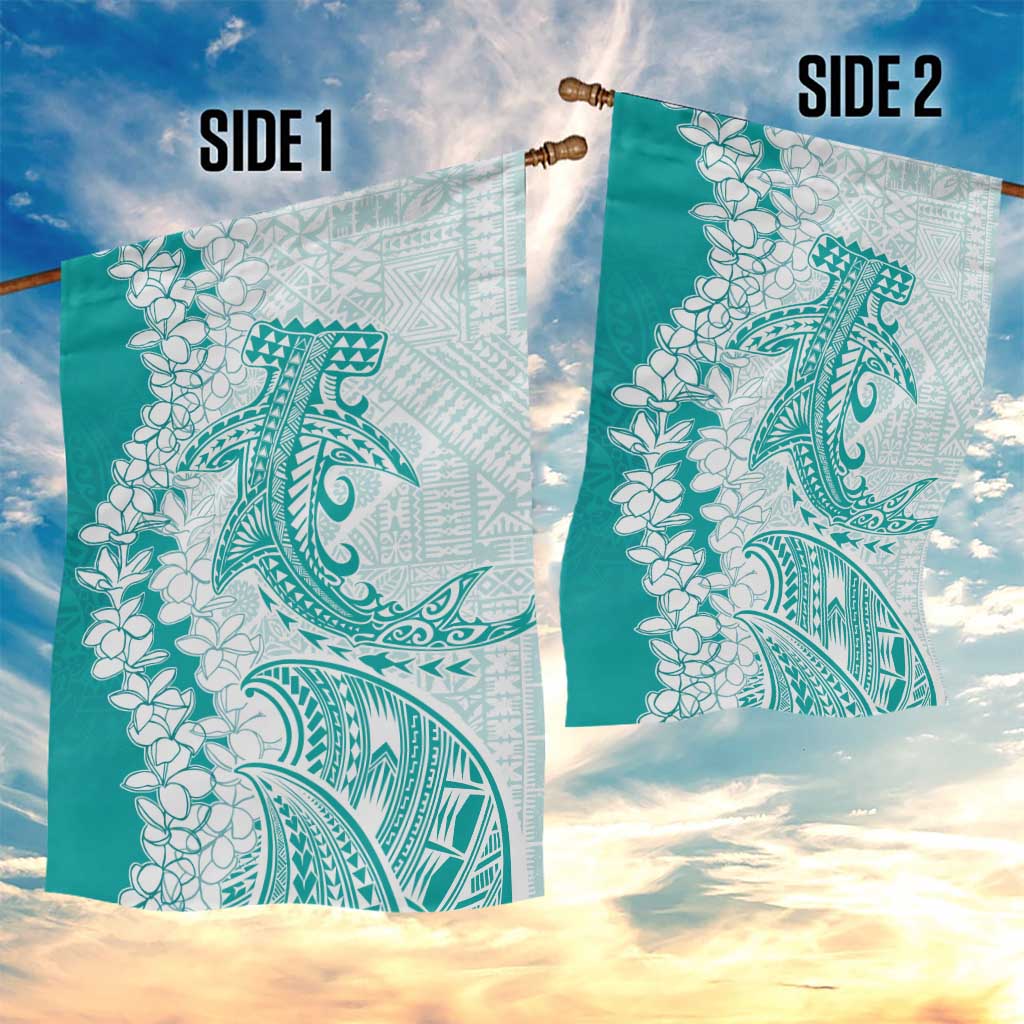 Polynesian Teal Plumeria Lei Garden Flag with Hammerhead Shark