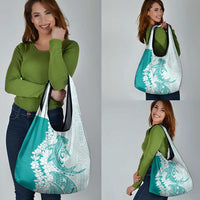 Polynesian Teal Plumeria Lei Grocery Bag with Hammerhead Shark