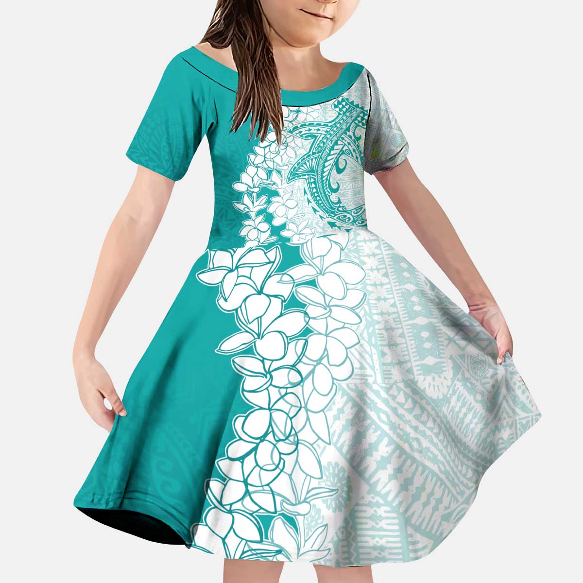 Polynesian Teal Plumeria Lei Kid Short Sleeve Dress with Hammerhead Shark LT7 KID Teal - Polynesian Pride