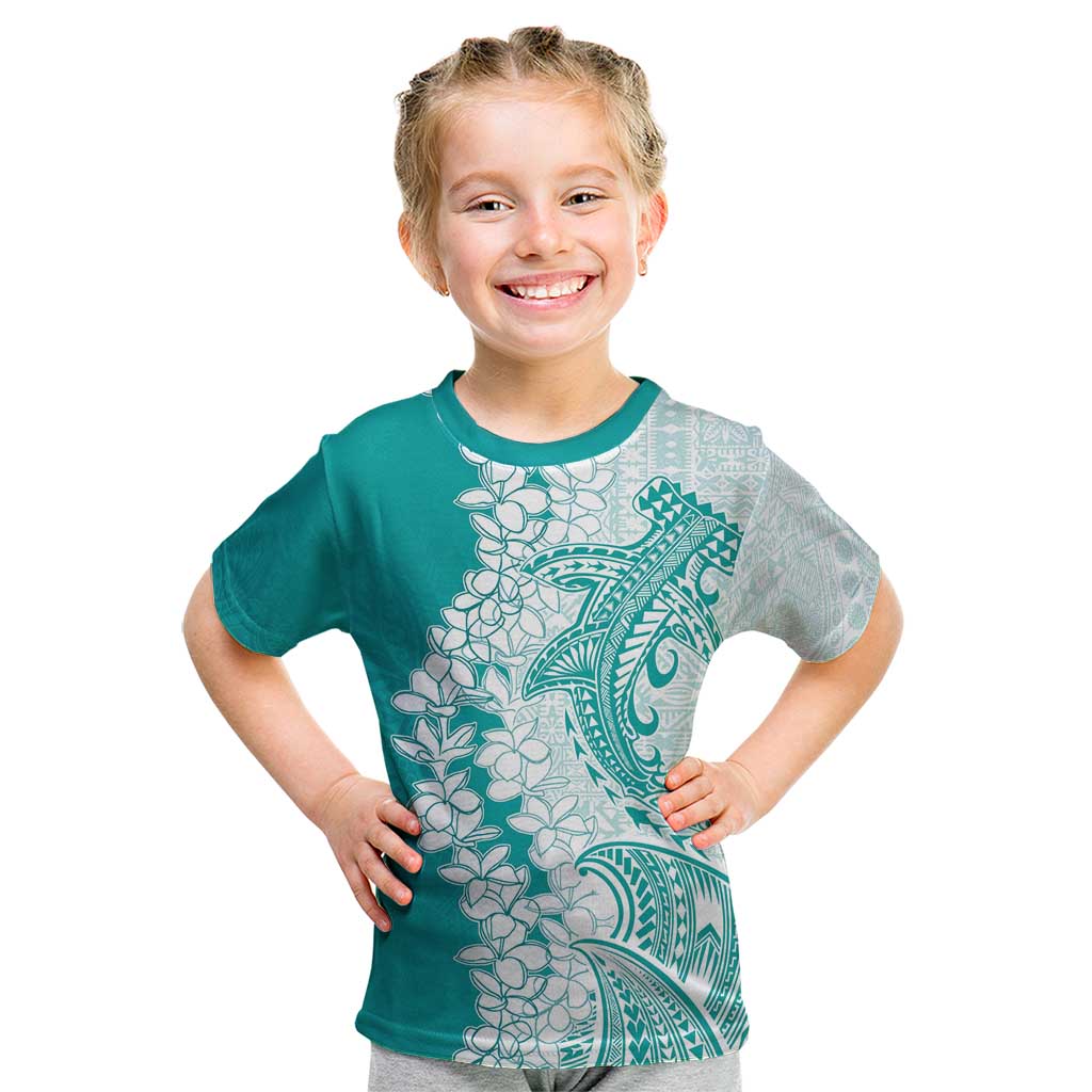 Polynesian Teal Plumeria Lei Kid T Shirt with Hammerhead Shark LT7 Teal - Polynesian Pride