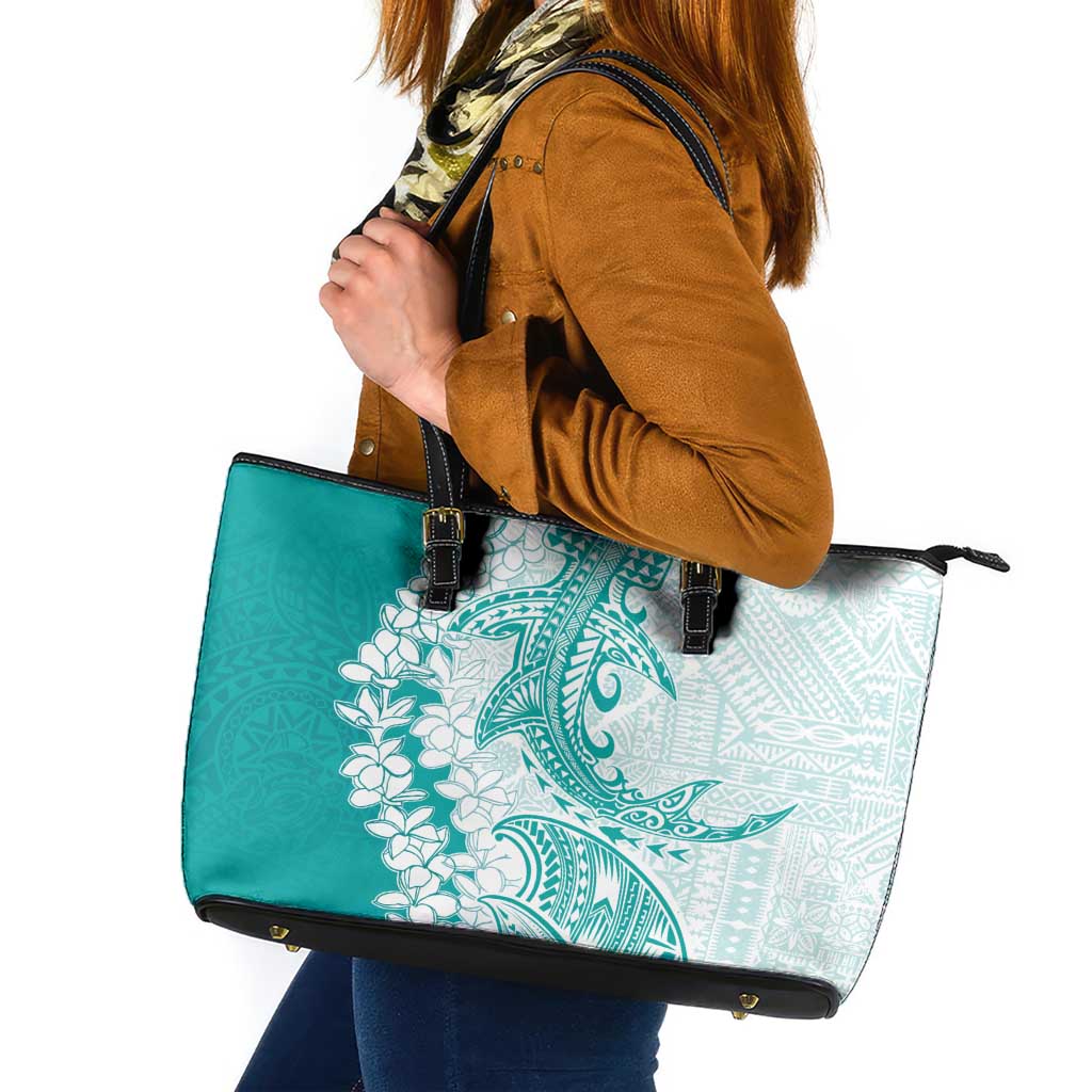 Polynesian Teal Plumeria Lei Leather Tote Bag with Hammerhead Shark LT7 Teal - Polynesian Pride