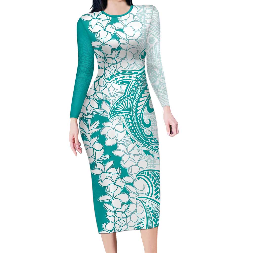 Polynesian Teal Plumeria Lei Long Sleeve Bodycon Dress with Hammerhead Shark LT7 Long Dress Teal - Polynesian Pride