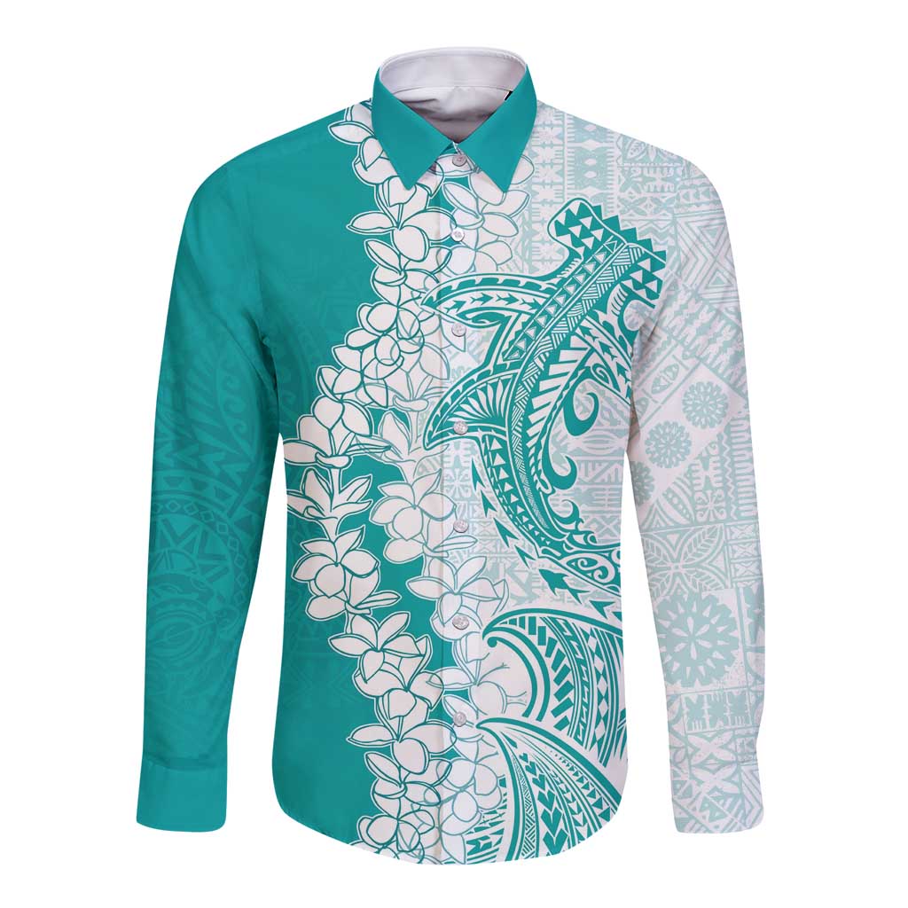 Polynesian Teal Plumeria Lei Long Sleeve Button Shirt with Hammerhead Shark LT7 Unisex Teal - Polynesian Pride