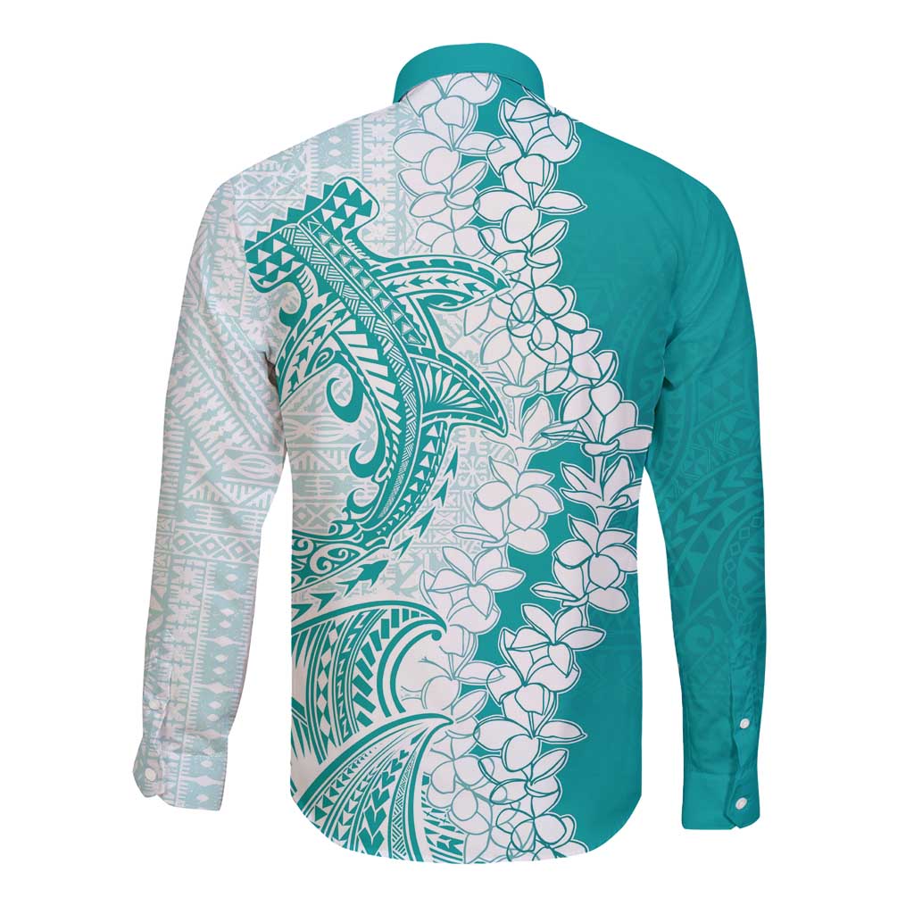 Polynesian Teal Plumeria Lei Long Sleeve Button Shirt with Hammerhead Shark LT7 - Polynesian Pride