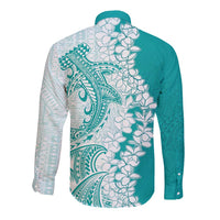 Polynesian Teal Plumeria Lei Long Sleeve Button Shirt with Hammerhead Shark LT7 - Polynesian Pride