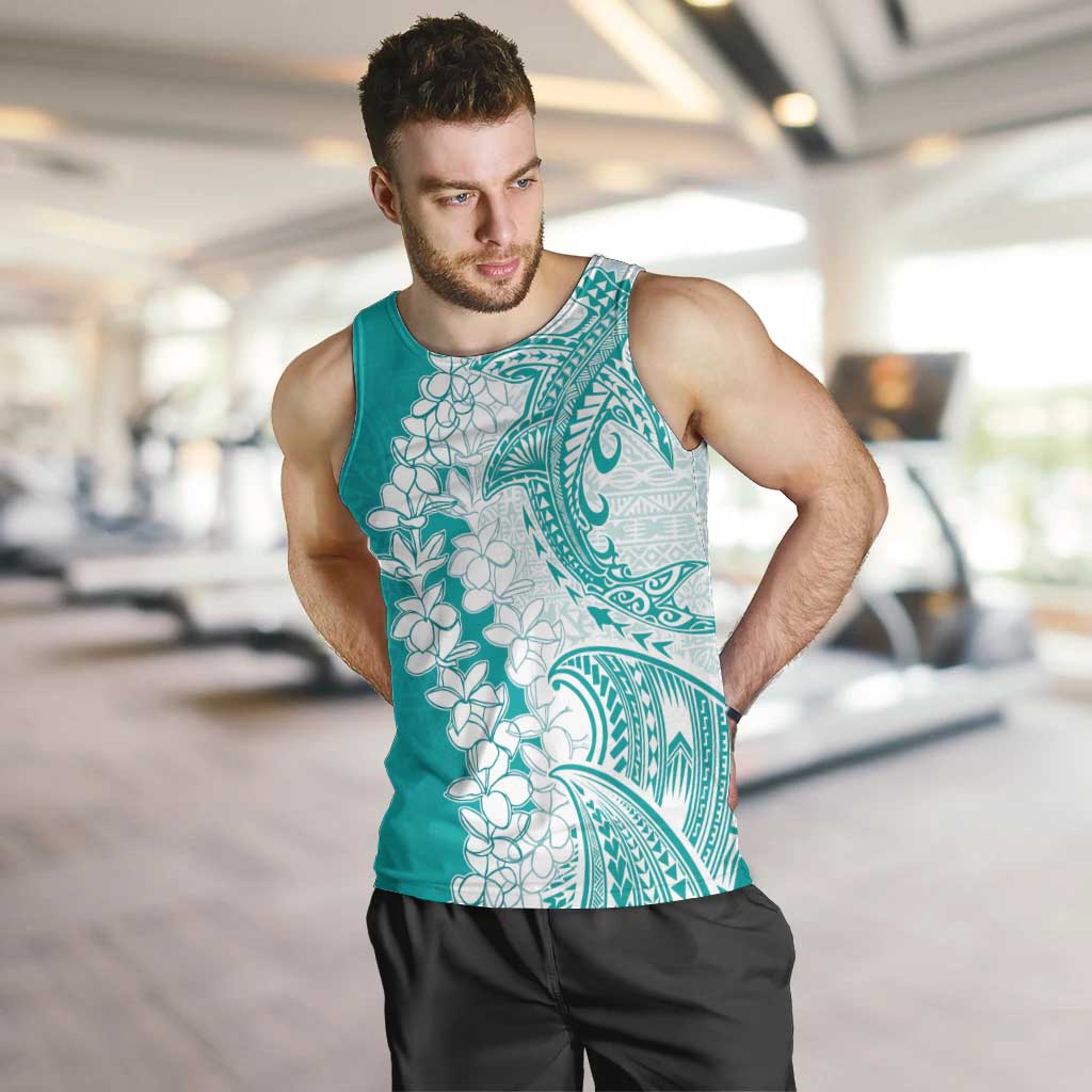 Polynesian Teal Plumeria Lei Men Tank Top with Hammerhead Shark