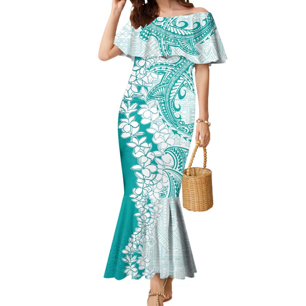 Polynesian Teal Plumeria Lei Mermaid Dress with Hammerhead Shark