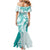 Polynesian Teal Plumeria Lei Mermaid Dress with Hammerhead Shark