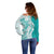 Polynesian Teal Plumeria Lei Off Shoulder Sweater with Hammerhead Shark