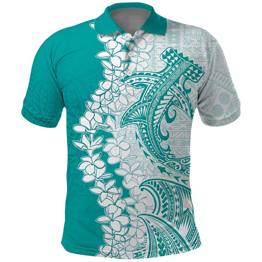 Polynesian Teal Plumeria Lei Polo Shirt with Hammerhead Shark
