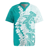 Polynesian Teal Plumeria Lei Rugby Jersey with Hammerhead Shark
