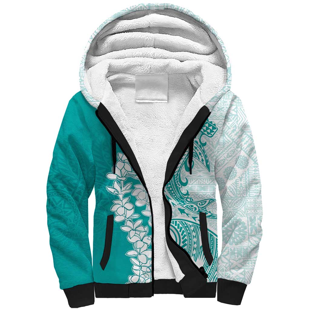 Polynesian Teal Plumeria Lei Sherpa Hoodie with Hammerhead Shark