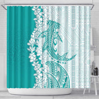 Polynesian Teal Plumeria Lei Shower Curtain with Hammerhead Shark LT7 - Polynesian Pride