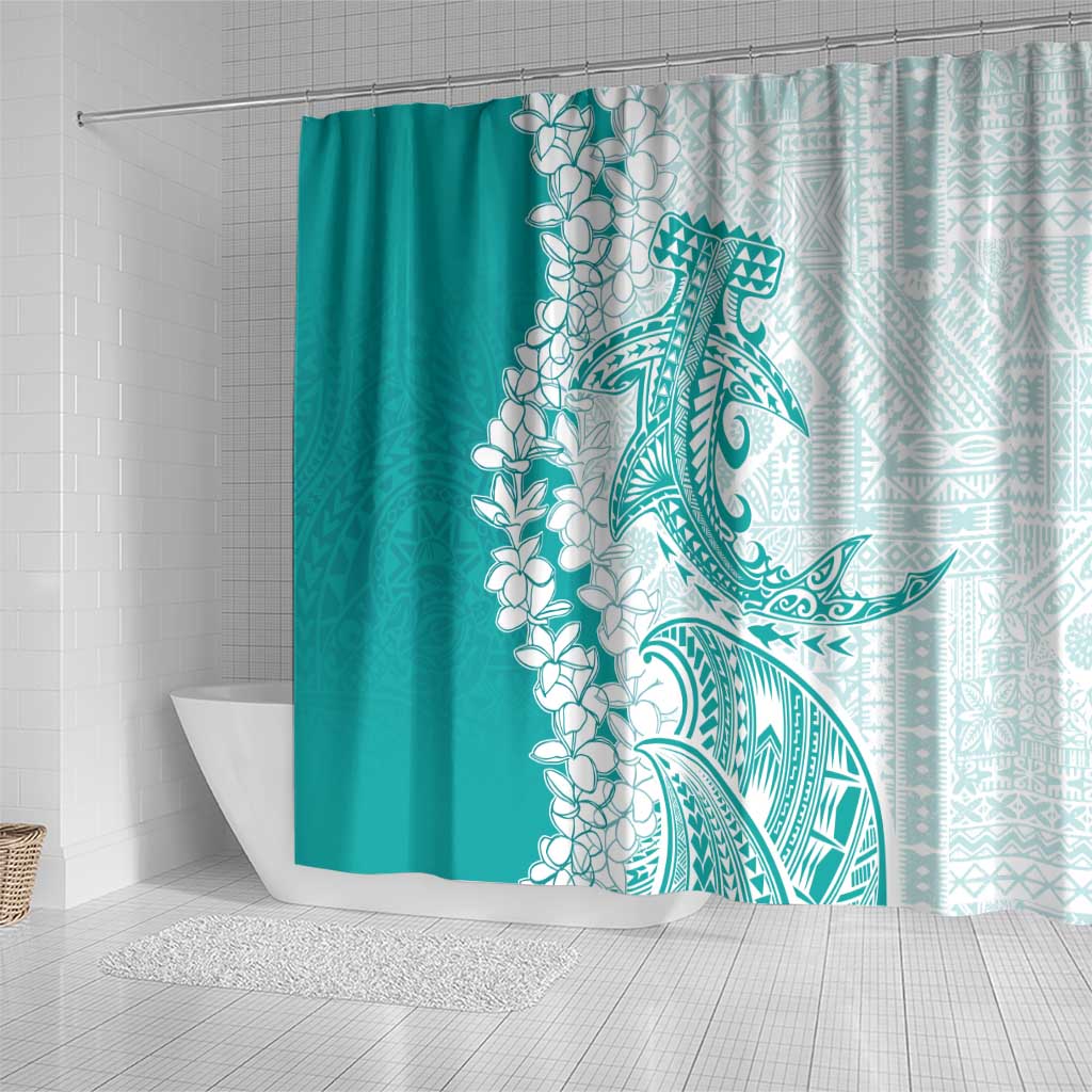 Polynesian Teal Plumeria Lei Shower Curtain with Hammerhead Shark LT7 - Polynesian Pride