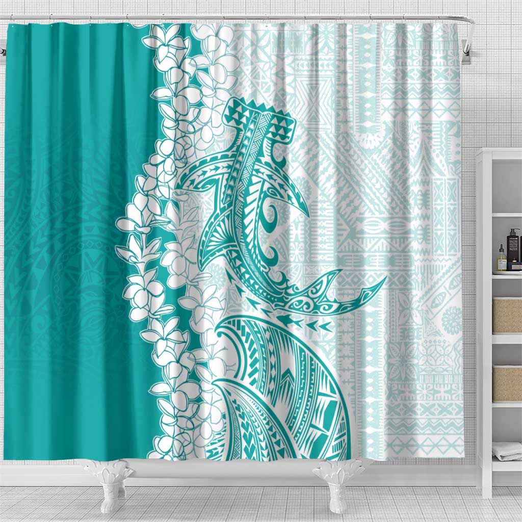 Polynesian Teal Plumeria Lei Shower Curtain with Hammerhead Shark LT7 - Polynesian Pride